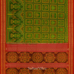 Parrot Green with Pure Red Sambalpuri Ikat Silk*Cotton (Bapta) Saree