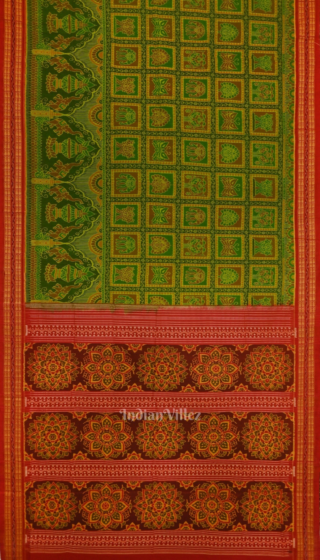 Parrot Green with Pure Red Sambalpuri Ikat Silk*Cotton (Bapta) Saree