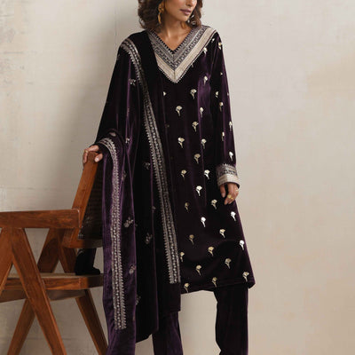 trueBrowns Wine Velvet Floral Embroidered Kurta Pant Dupatta Set