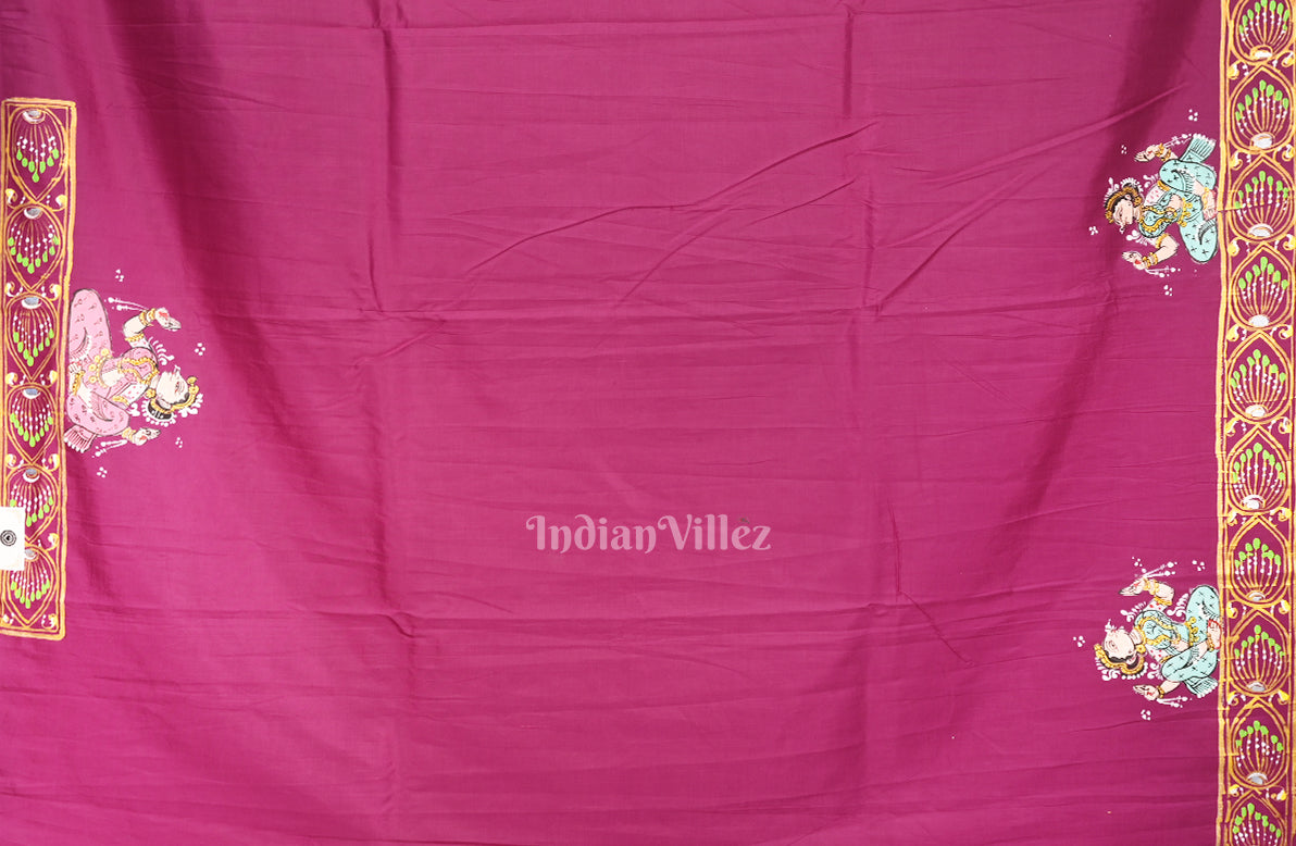 Maroon Ardha Chandra Krishna Rasa Leela Hand-Painted Pattachitra Saree