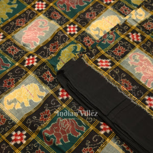 Black Jungle Theme Sambalpuri Ikat Cotton Fabric