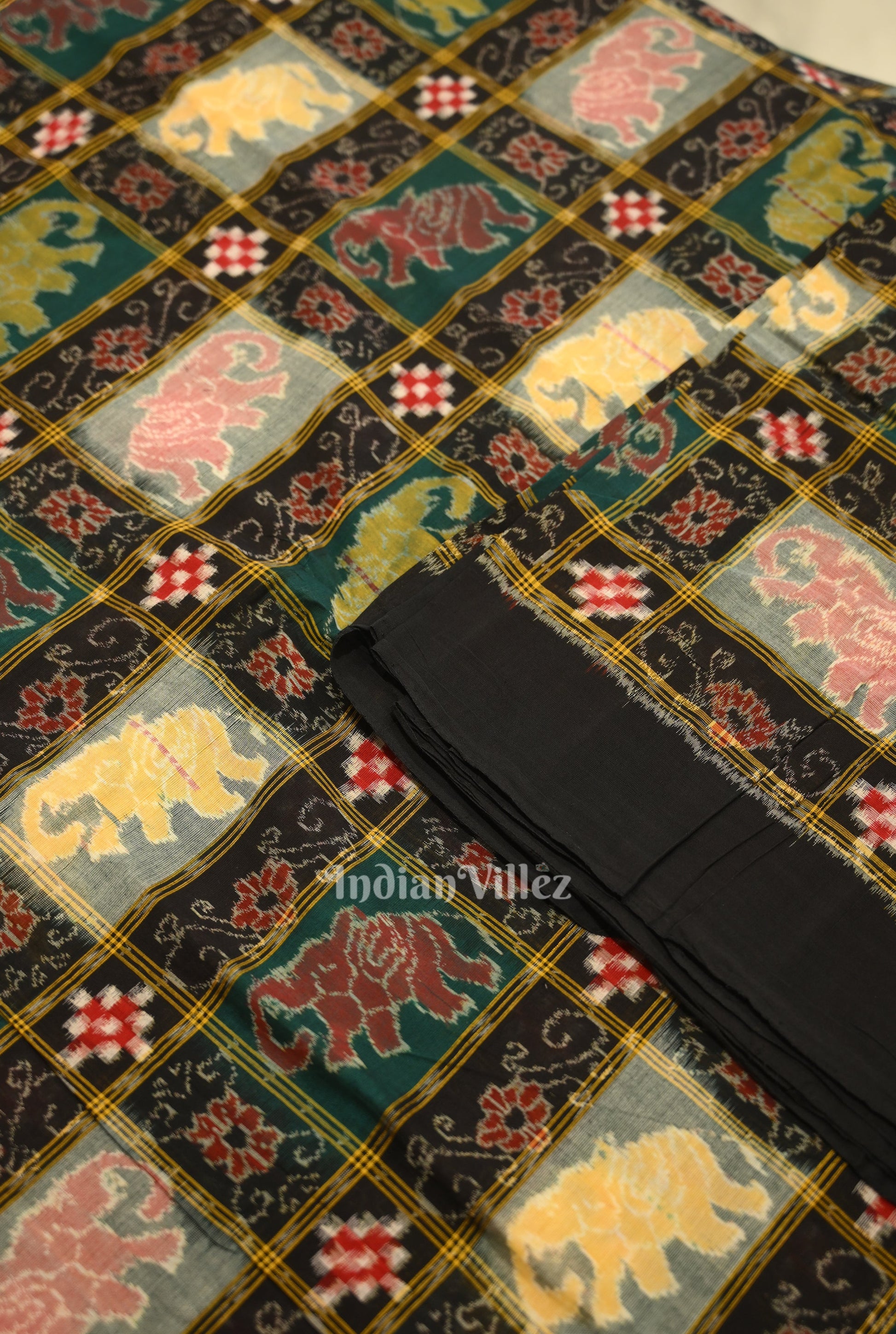 Black Jungle Theme Sambalpuri Ikat Cotton Fabric