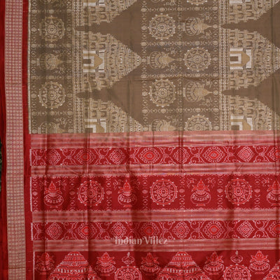 Beige Cream Red Konark Theme Odisha Ikat Sambalpuri Silk Saree