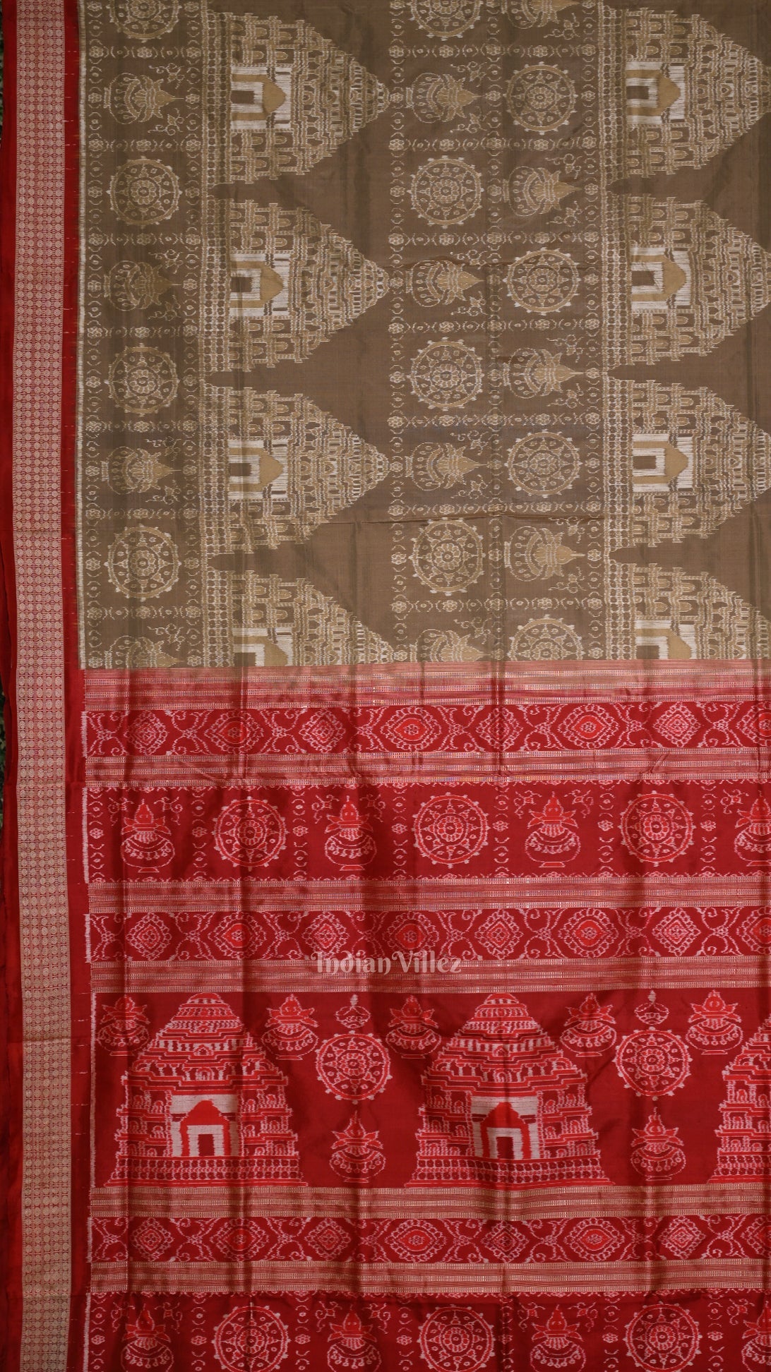 Beige Cream Red Konark Theme Odisha Ikat Sambalpuri Silk Saree