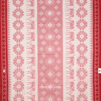 White Red Elephant 3d Pasapali Sambalpuri Ikat Pure Cotton Saree