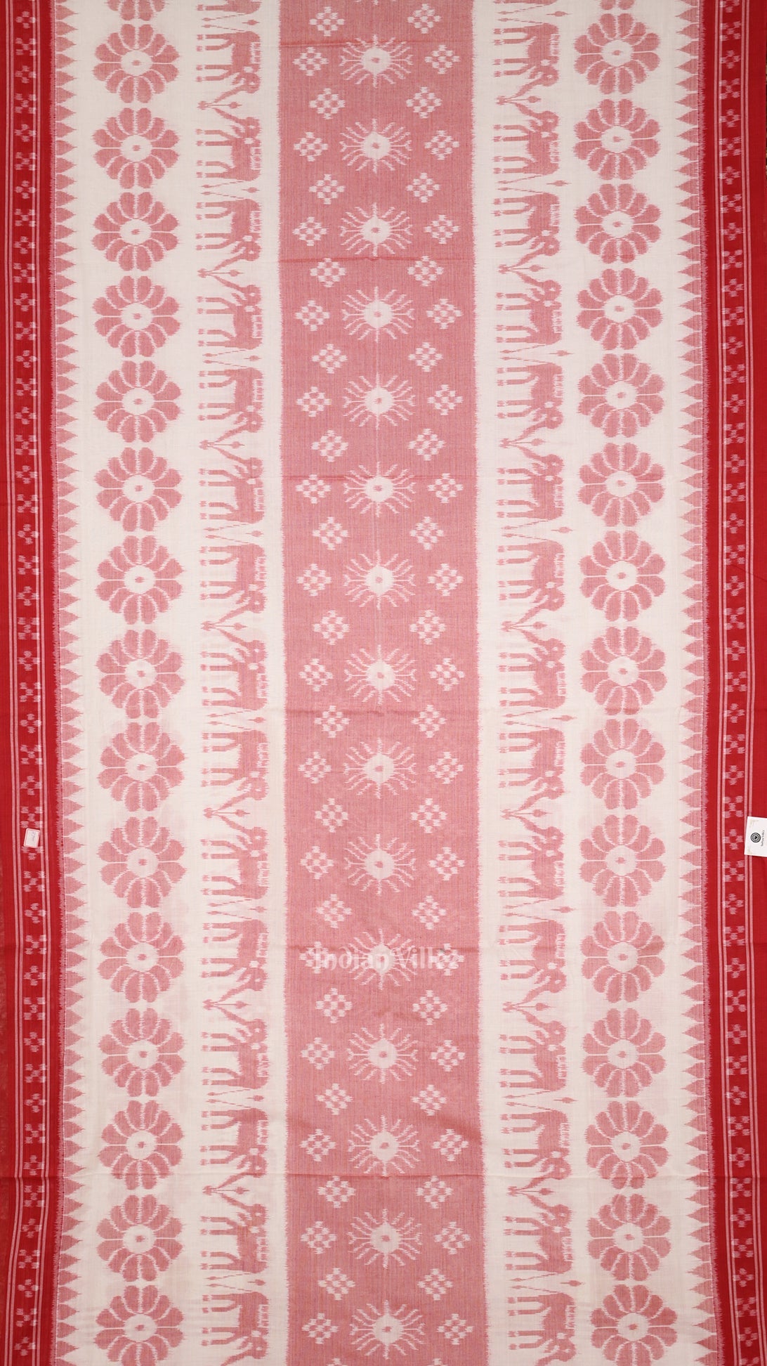 White Red Elephant 3d Pasapali Sambalpuri Ikat Pure Cotton Saree