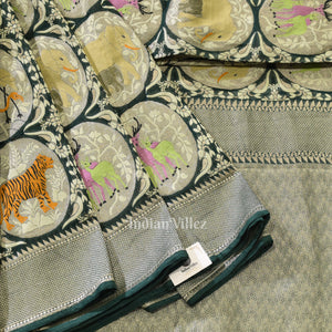 Dark Green Shikargah Theme Banarasi Khaddi Georgette Saree