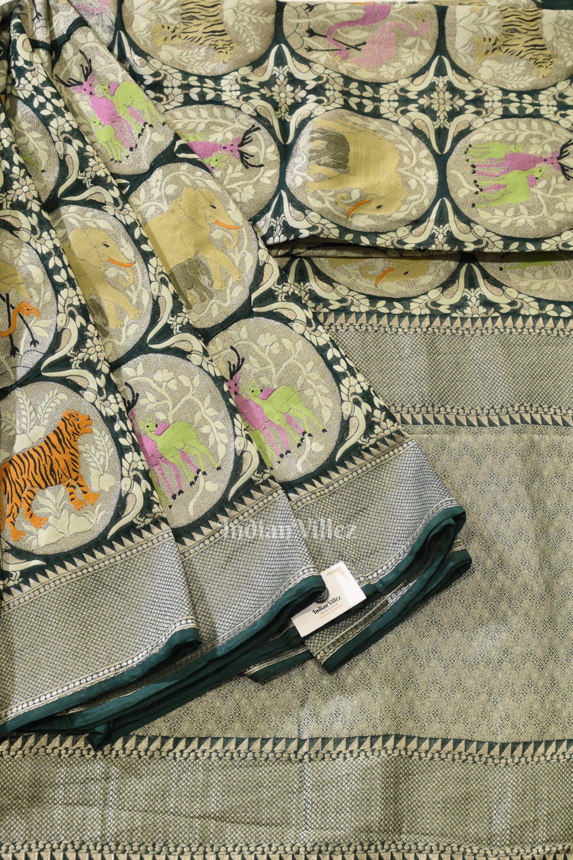 Dark Green Shikargah Theme Banarasi Khaddi Georgette Saree