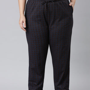 Women Printed Black Mid Rise Cotton Knit Lounge Pants
