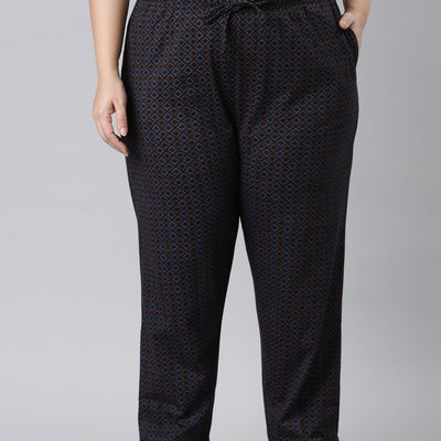 Women Printed Black Mid Rise Cotton Knit Lounge Pants