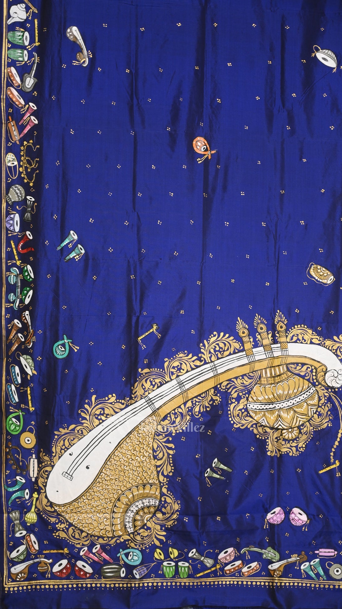 Blue Sitar Instrument Hand-Painted Pattachitra Saree (Pre-Order)