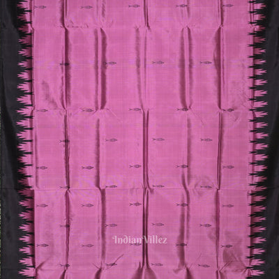 Onion Pink Black with Fish Motif Double Pallu Berhampuri Silk Saree