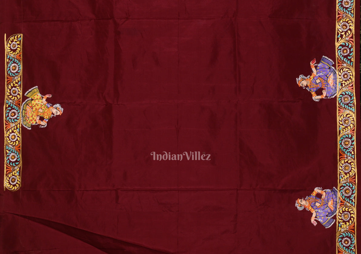 Maroon Ardha Chandra Krishna Rasa Leela Hand-Painted Pattachitra Saree (Pre Order)