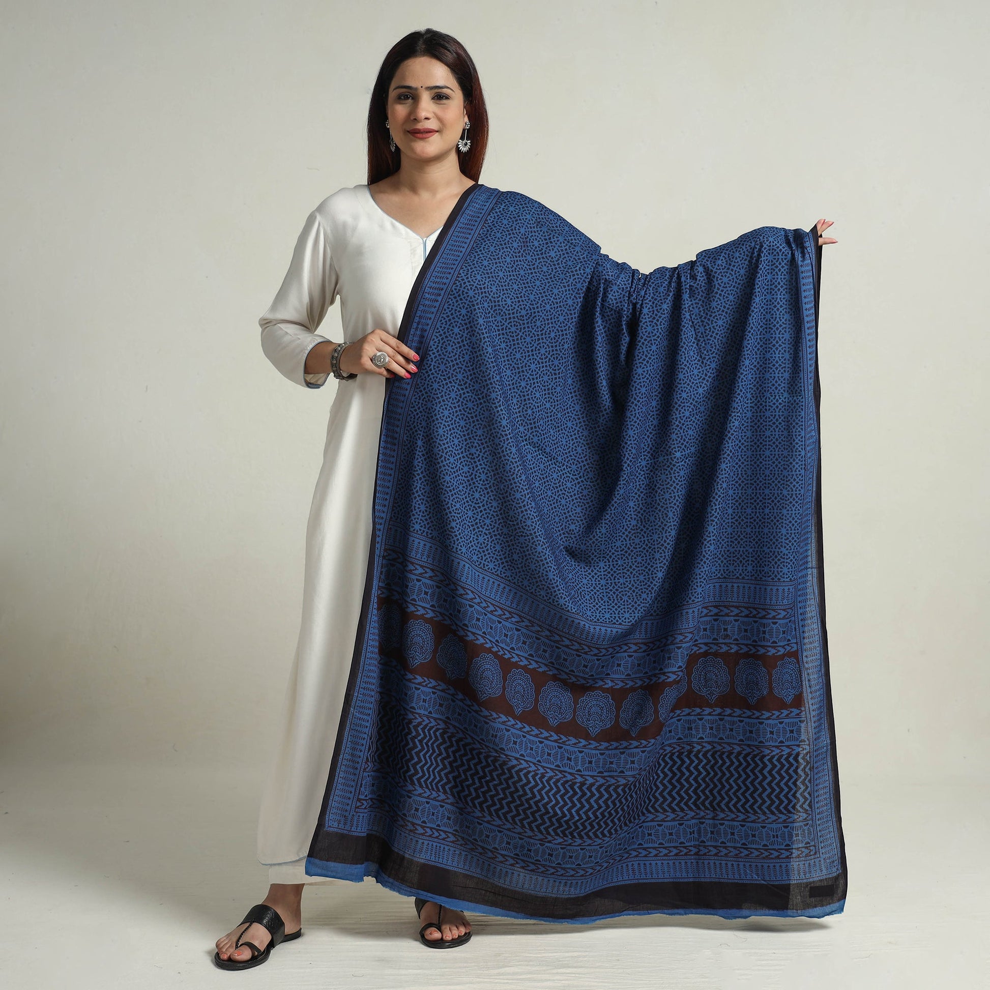 Blue - Block Printed Natural Dyed Cotton Bagh Dupatta 04