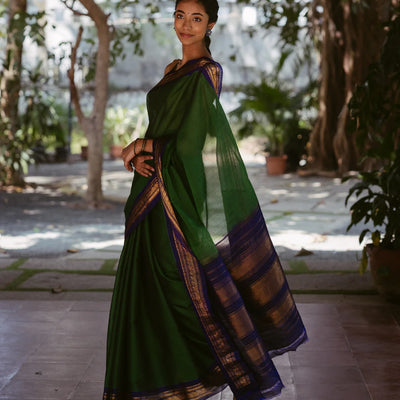 Dark Green Handloom Gadwal Cotton Saree With Contrast Purple Border