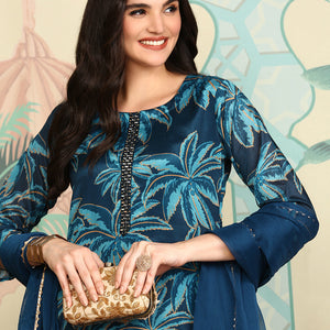 Navy Blue Floral Printed Beads And Stones Straight Kurta With Trousers & Dupatta
