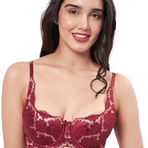 Eternal Bliss Lightly Padded Wired Demi Coverage Balconette Bra - Red Berry