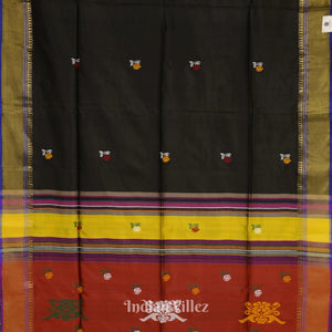 Black Maroon Flower Motif Pure Bishnupuri Silk Saree
