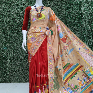 Golden  Red Boita Theme Hand-Painted Pattachitra Saree
