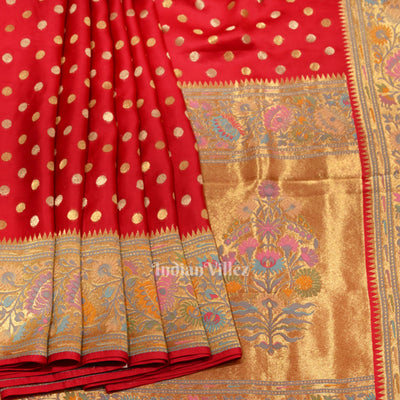 Red Banarasi Silk Saree With Paithani Border and Pallu