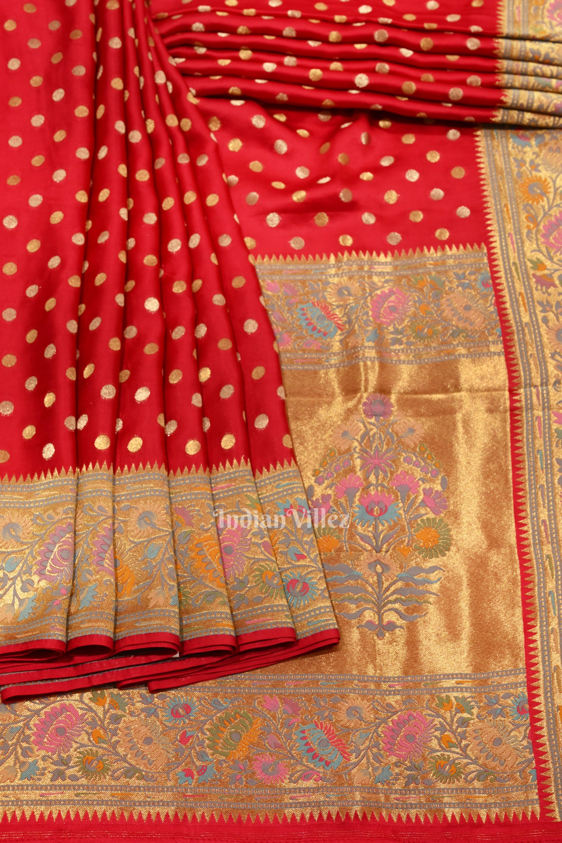 Red Banarasi Silk Saree With Paithani Border and Pallu