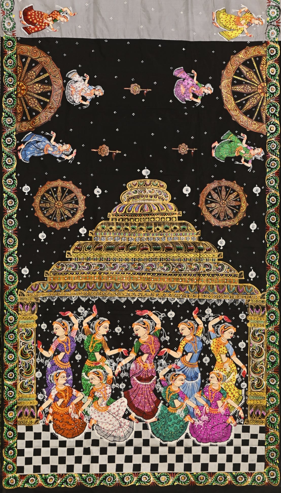 Black Nartaki Konark Temple Hand-Painted Pattachitra Saree
