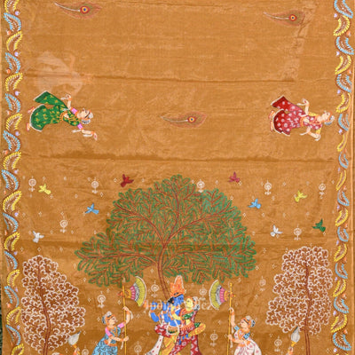 Honey Gold Radha  Krishna Theme Hand- Painted Pattachitra Saree