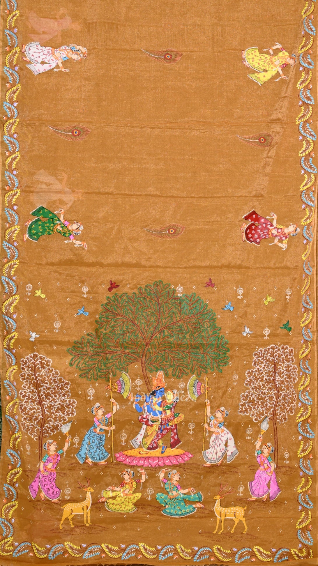 Honey Gold Radha  Krishna Theme Hand- Painted Pattachitra Saree