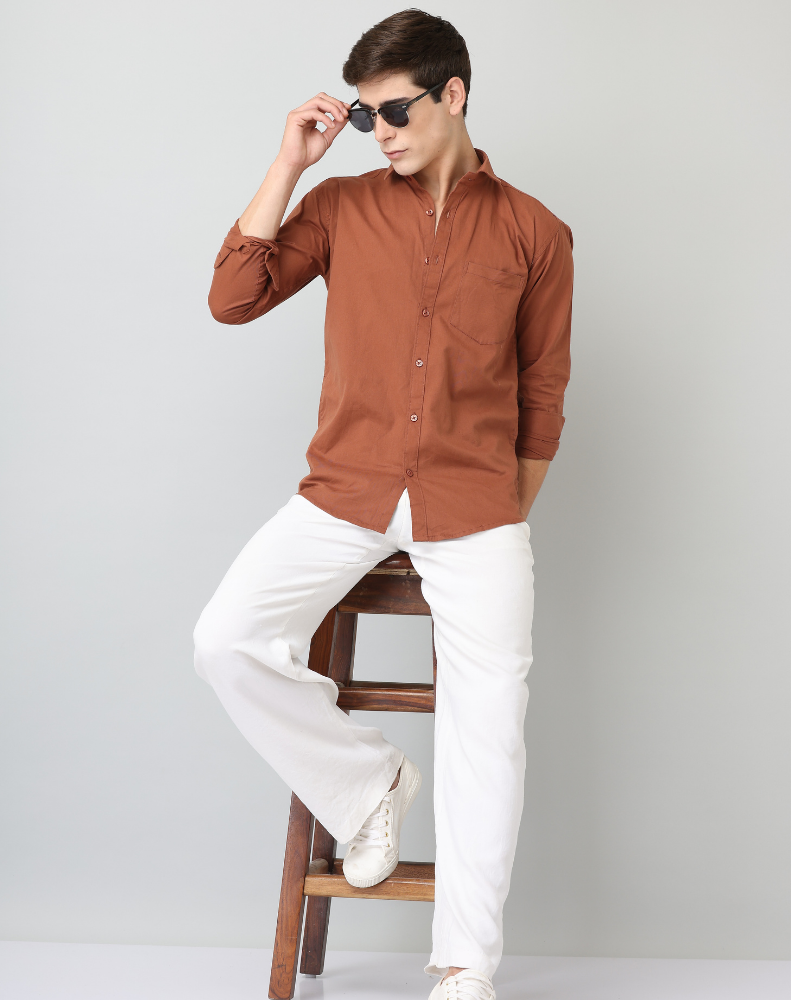 Frankshirt Men Dusty Brown Solid Tailored Fit Cotton Casual Shirt