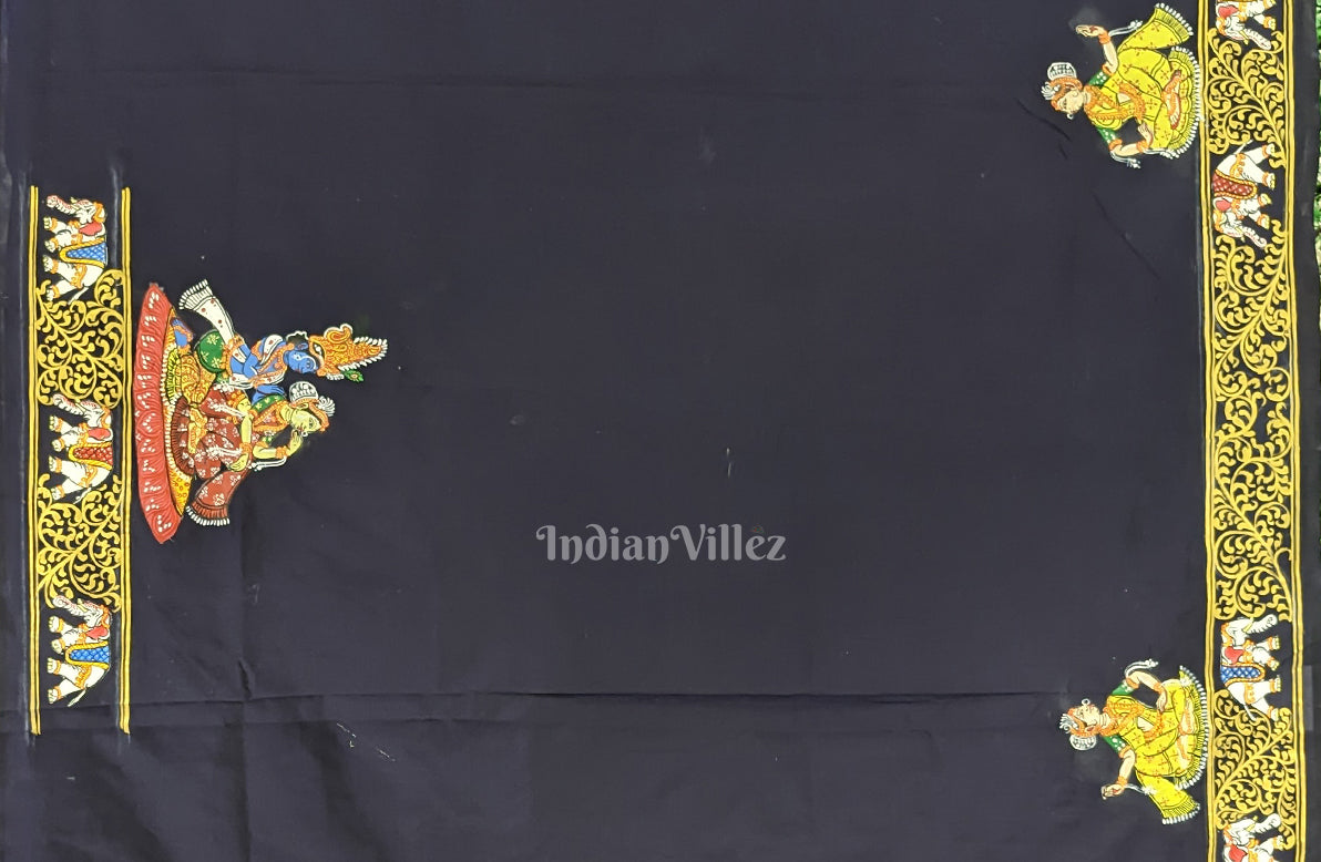 Deep Blue Kandarpa Hati (Elephant) Hand-Painted Pattachitra Saree