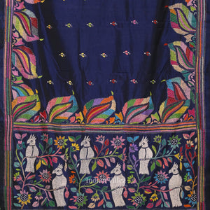 Royal Blue Handwoven Kantha Stitch Silk Saree