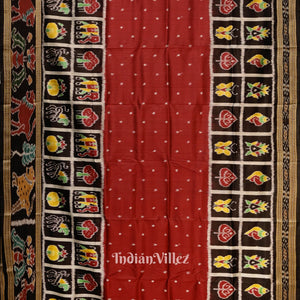 Red Black Nabakothi Odisha Ikat Khandua Silk Saree With Animal Theme