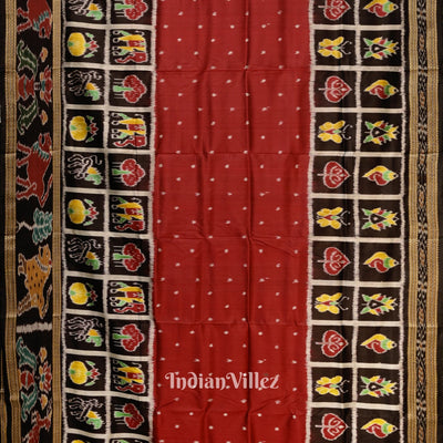 Red Black Nabakothi Odisha Ikat Khandua Silk Saree With Animal Theme