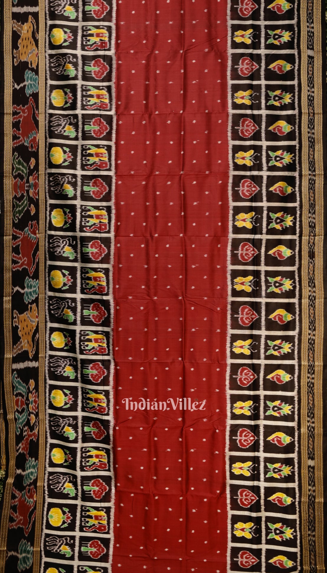 Red Black Nabakothi Odisha Ikat Khandua Silk Saree With Animal Theme