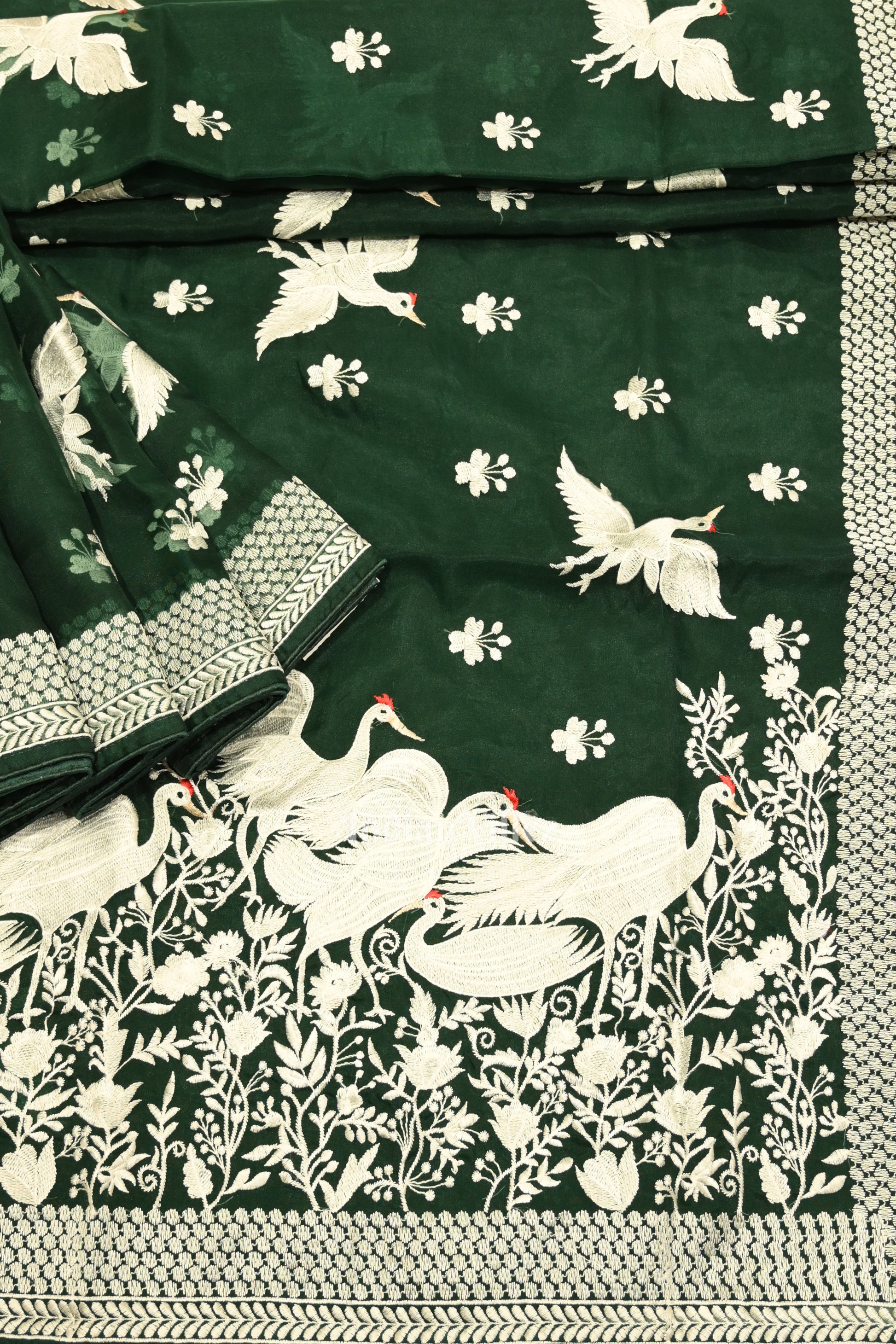 Green Parsi Gara Floral Motif Hand Embroidered Saree