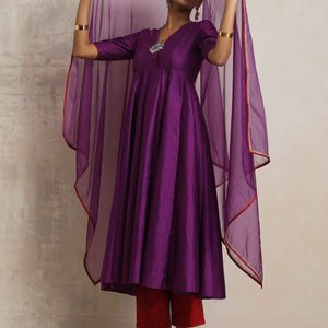 trueBrowns Purple Silk Anarkali Kurta Pant Dupatta Set