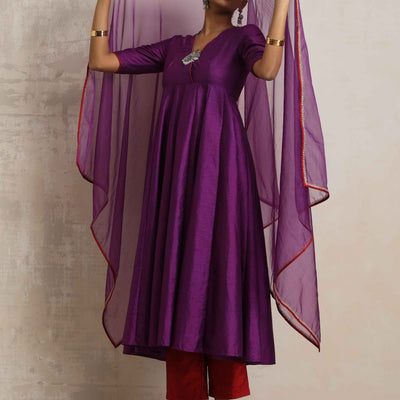 trueBrowns Purple Silk Anarkali Kurta Pant Dupatta Set