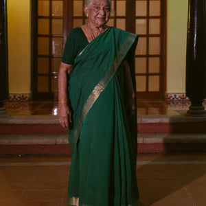 Dark Green Handloom Mangalagiri Cotton Saree With Zari Border