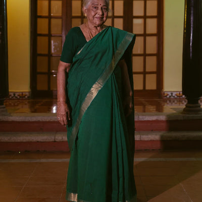 Dark Green Handloom Mangalagiri Cotton Saree With Zari Border