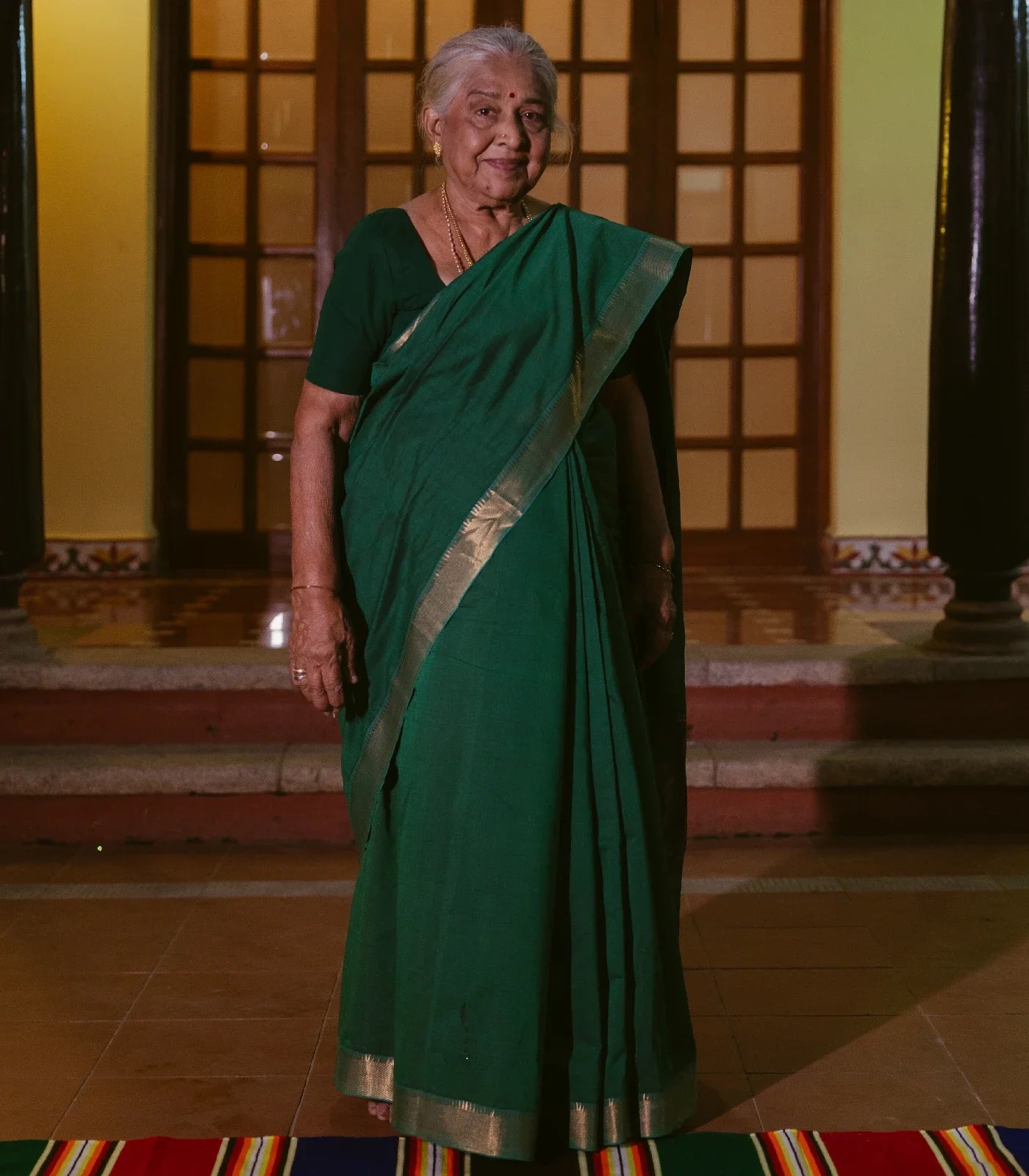 Dark Green Handloom Mangalagiri Cotton Saree With Zari Border