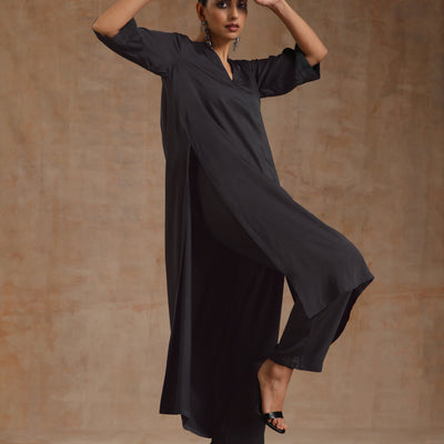 Grey Modal Satin High-Low Relax Kurta Set | Relove