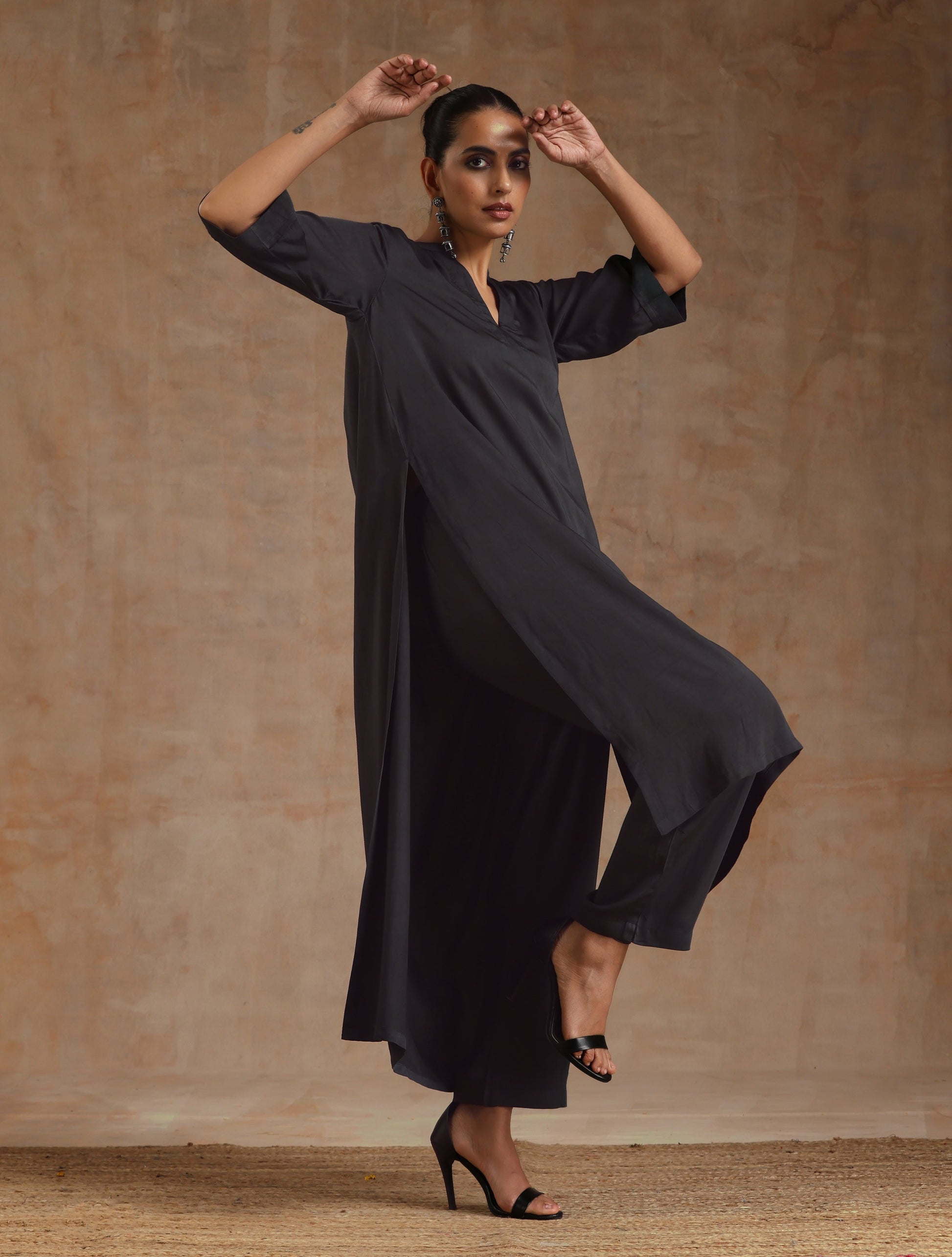 Grey Modal Satin High-Low Relax Kurta Set | Relove