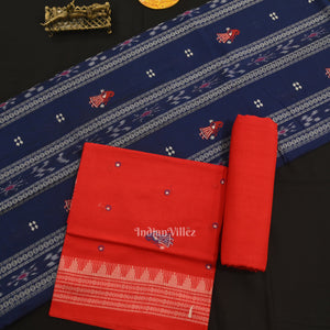 Blue with Red Doll Odisha Ikat  Sambalpuri Dress Material & Dupatta