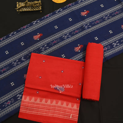 Blue with Red Doll Odisha Ikat  Sambalpuri Dress Material & Dupatta