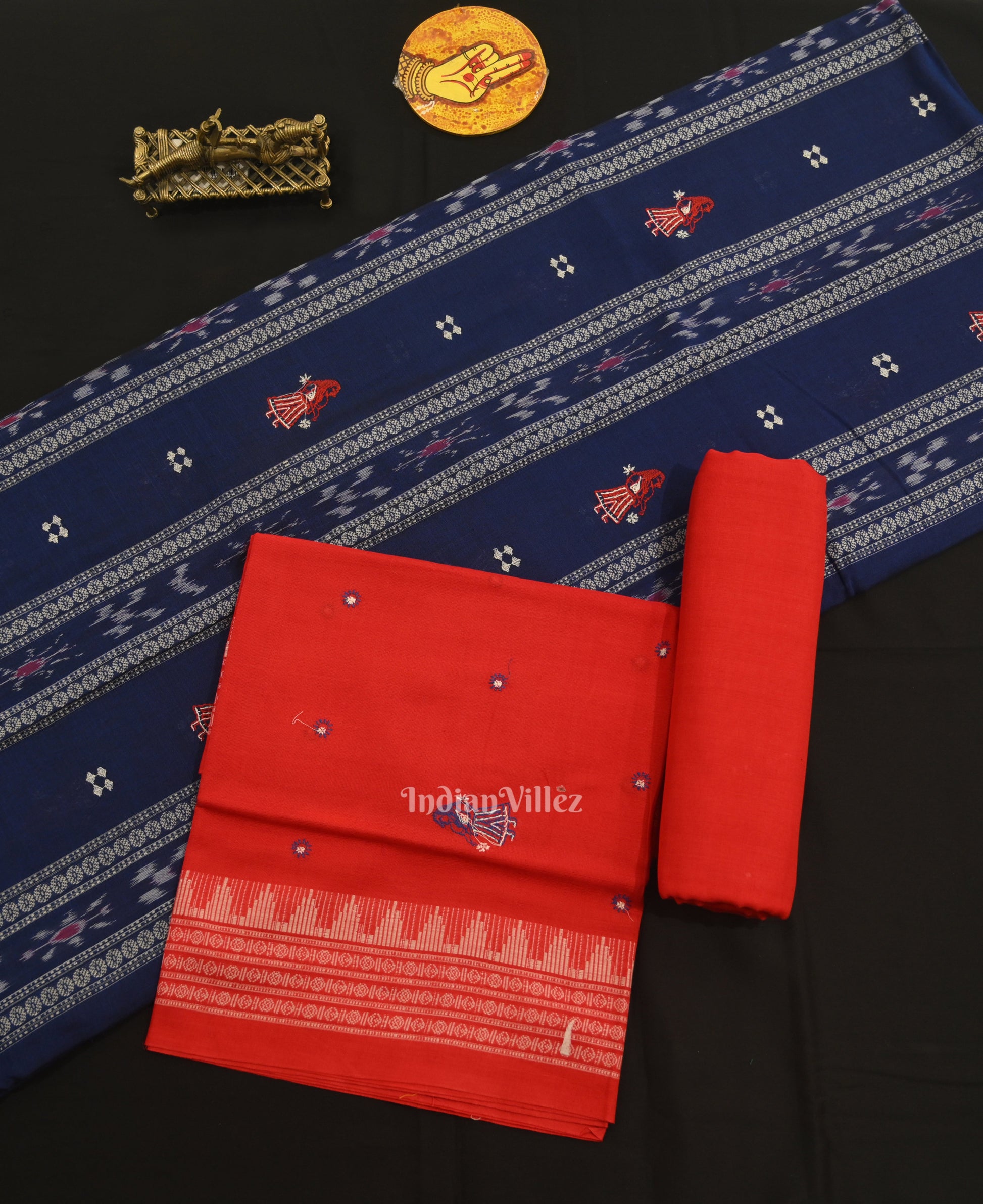 Blue with Red Doll Odisha Ikat  Sambalpuri Dress Material & Dupatta