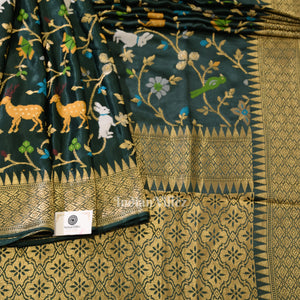 Dark Green Vintage Shikargah Theme Tussar Khaddi Georget Banarasi Saree