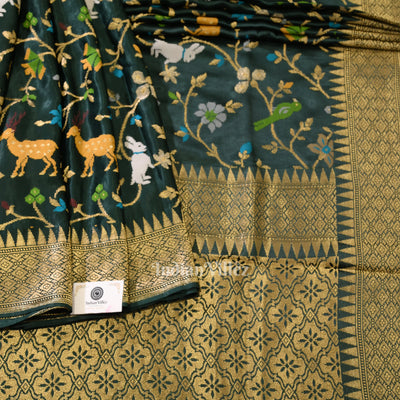 Dark Green Vintage Shikargah Theme Tussar Khaddi Georget Banarasi Saree