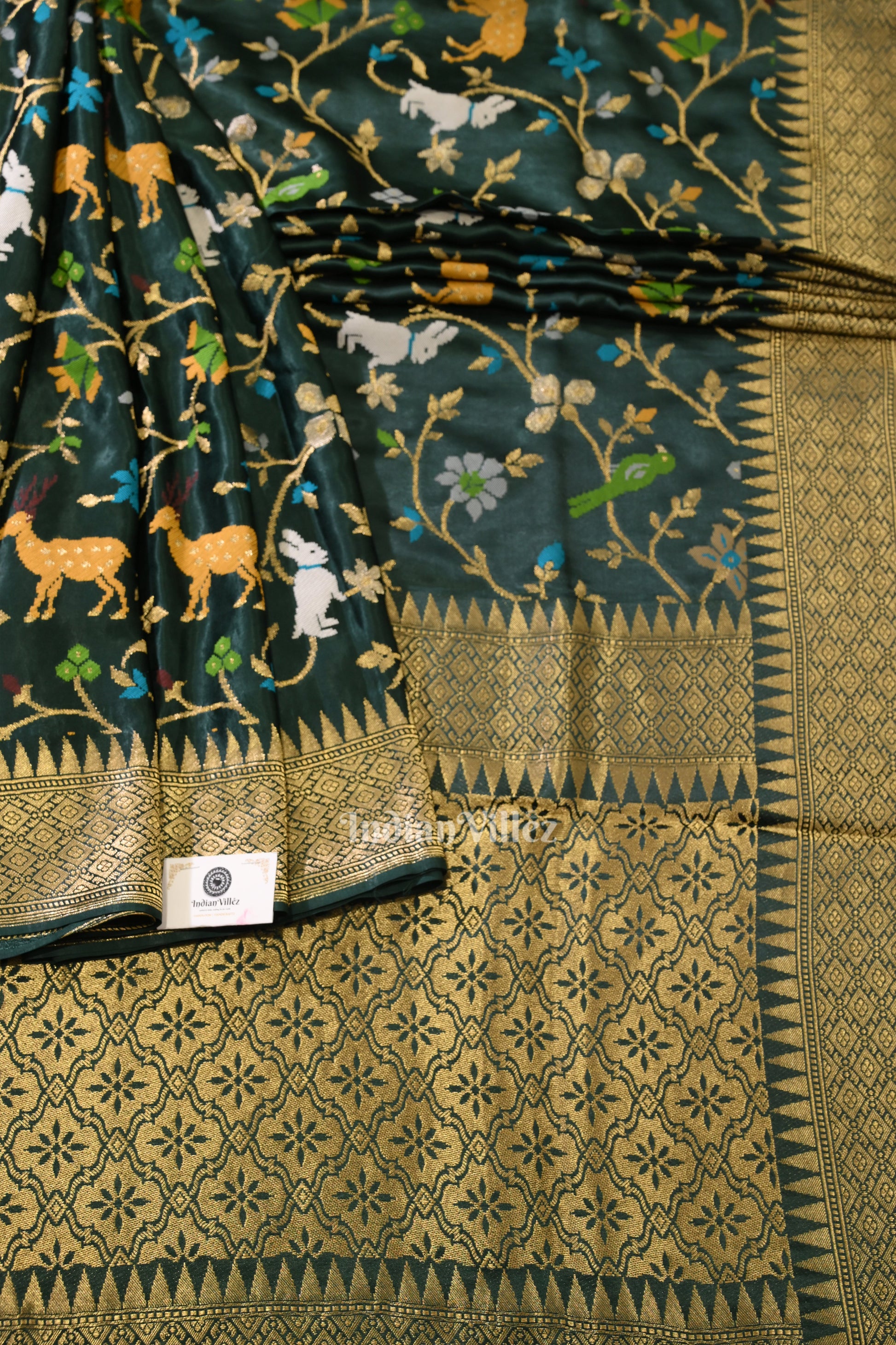 Dark Green Vintage Shikargah Theme Tussar Khaddi Georget Banarasi Saree