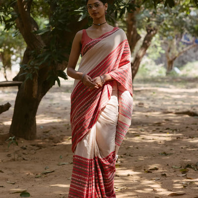 Beige Handloom Bengal Cotton Saree With Contrast Border