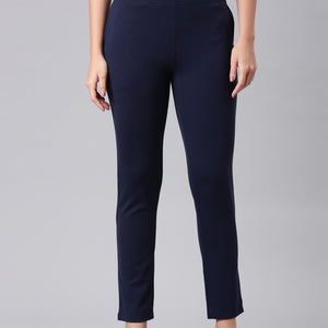 Women Solid Navy Mid Rise Smart Fit Kurti Pant